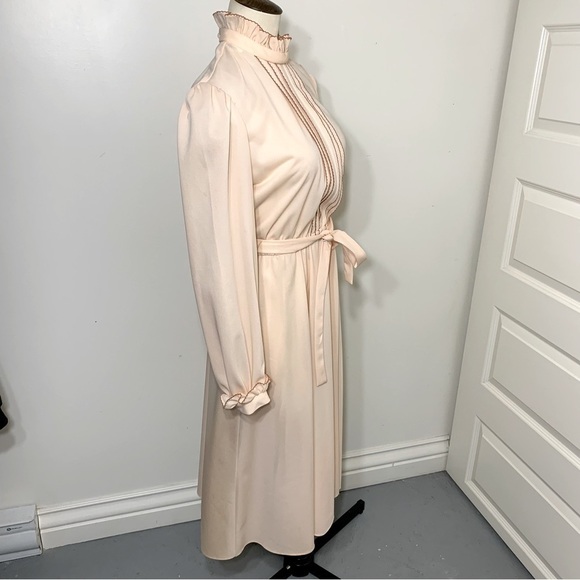 VINTAGE 70s Pink Prairie Dress Cottage Secretary Ruffle Neck Long Sleeves S/M - Picture 11 of 13